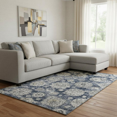 8' X 10' Navy Blue And Ivory Floral Washable Area Rug With UV Protection
