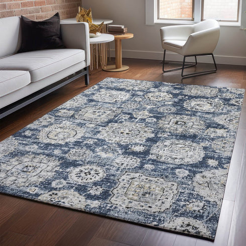 8' X 10' Navy Blue And Ivory Floral Washable Area Rug With UV Protection