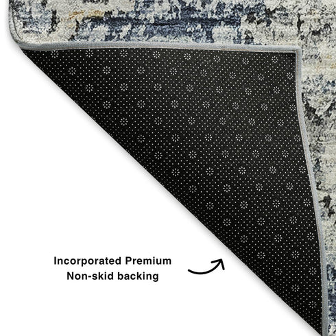 8' X 10' Navy Blue And Ivory Floral Washable Area Rug With UV Protection