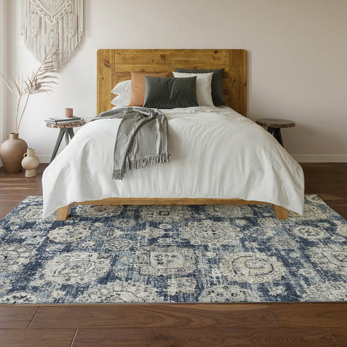 8' X 10' Navy Blue And Ivory Floral Washable Area Rug With UV Protection