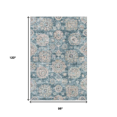 8' X 10' Teal And Beige Floral Washable Area Rug With UV Protection