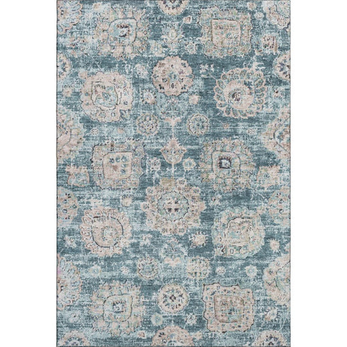 8' X 10' Teal And Beige Floral Washable Area Rug With UV Protection