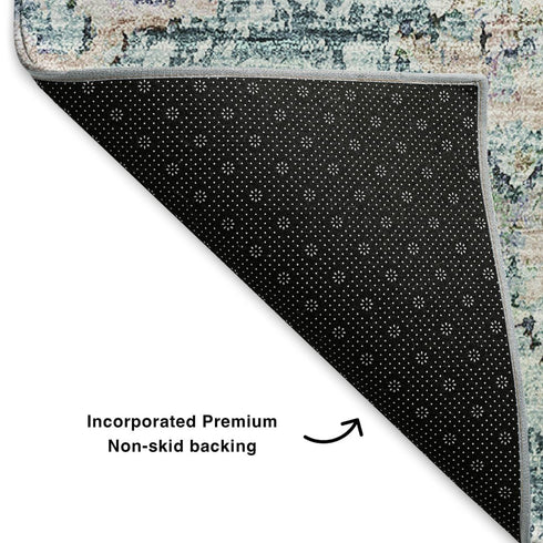 8' X 10' Teal And Beige Floral Washable Area Rug With UV Protection