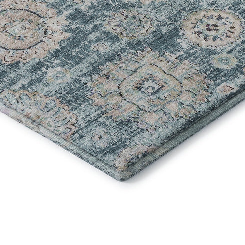 8' X 10' Teal And Beige Floral Washable Area Rug With UV Protection