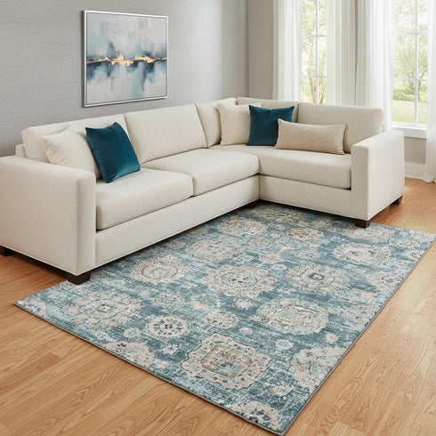 8' X 10' Teal And Beige Floral Washable Area Rug With UV Protection