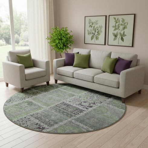 8' Green And Purple Patchwork Washable Round Rug With UV Protection