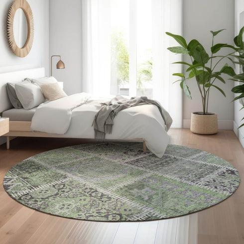 8' Green And Purple Patchwork Washable Round Rug With UV Protection