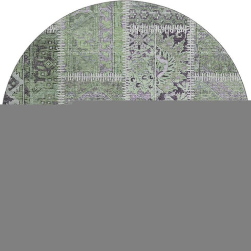 8' Green And Purple Patchwork Washable Round Rug With UV Protection