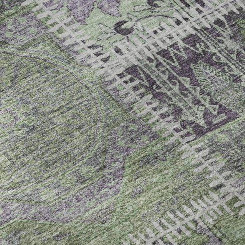 8' Green And Purple Patchwork Washable Round Rug With UV Protection