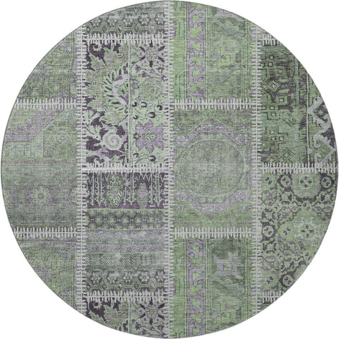 8' Green And Purple Patchwork Washable Round Rug With UV Protection