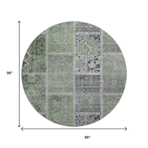 8' Green And Purple Patchwork Washable Round Rug With UV Protection