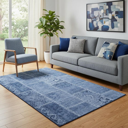 5' X 8' Navy Blue And Ivory Patchwork Washable Area Rug With UV Protection