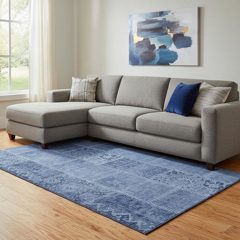 8' X 10' Navy Blue And Ivory Patchwork Washable Area Rug With UV Protection