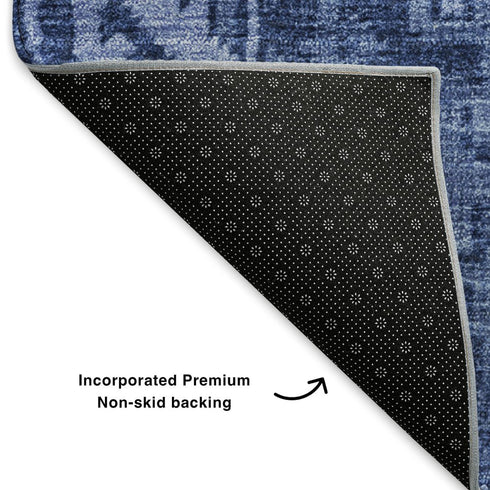 8' X 10' Navy Blue And Ivory Patchwork Washable Area Rug With UV Protection