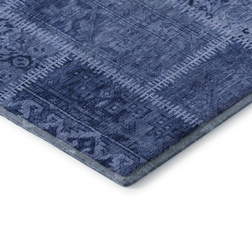 8' X 10' Navy Blue And Ivory Patchwork Washable Area Rug With UV Protection