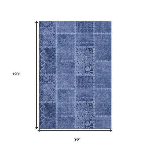 8' X 10' Navy Blue And Ivory Patchwork Washable Area Rug With UV Protection