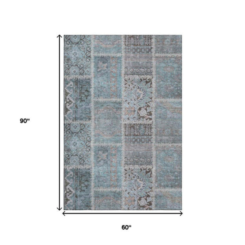 5' X 8' Teal And Beige Patchwork Washable Area Rug With UV Protection