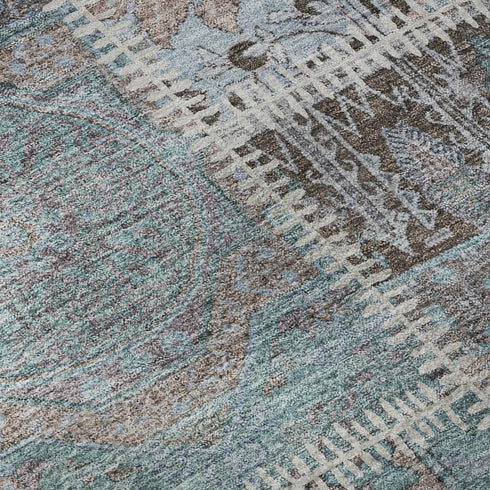 5' X 8' Teal And Beige Patchwork Washable Area Rug With UV Protection