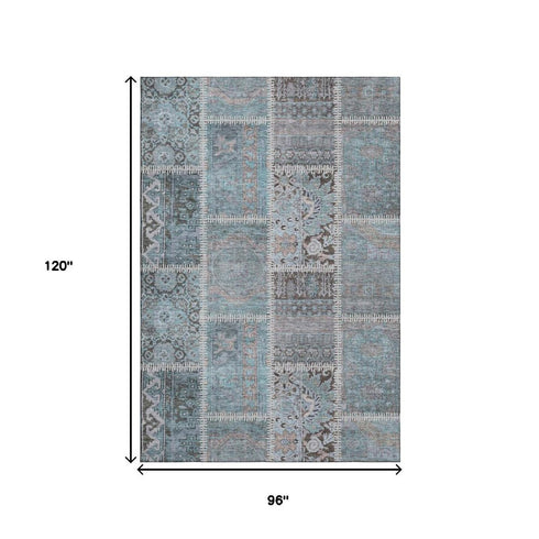 8' X 10' Teal And Beige Patchwork Washable Area Rug With UV Protection