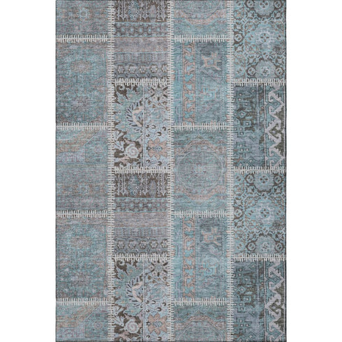 8' X 10' Teal And Beige Patchwork Washable Area Rug With UV Protection