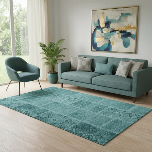 5' X 8' Turquoise And Aqua Patchwork Washable Area Rug With UV Protection