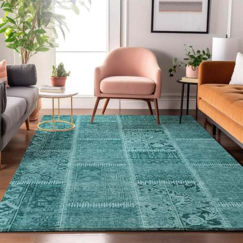 5' X 8' Turquoise And Aqua Patchwork Washable Area Rug With UV Protection