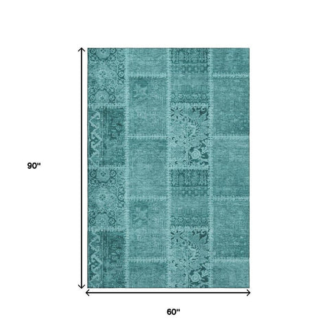 5' X 8' Turquoise And Aqua Patchwork Washable Area Rug With UV Protection