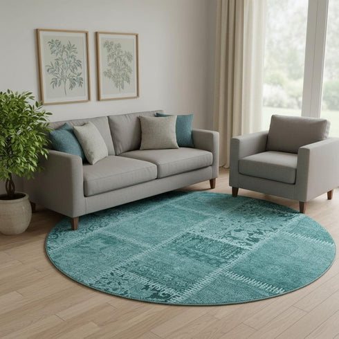 8' Turquoise And Aqua Patchwork Washable Round Rug With UV Protection