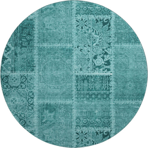 8' Turquoise And Aqua Patchwork Washable Round Rug With UV Protection
