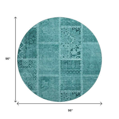 8' Turquoise And Aqua Patchwork Washable Round Rug With UV Protection
