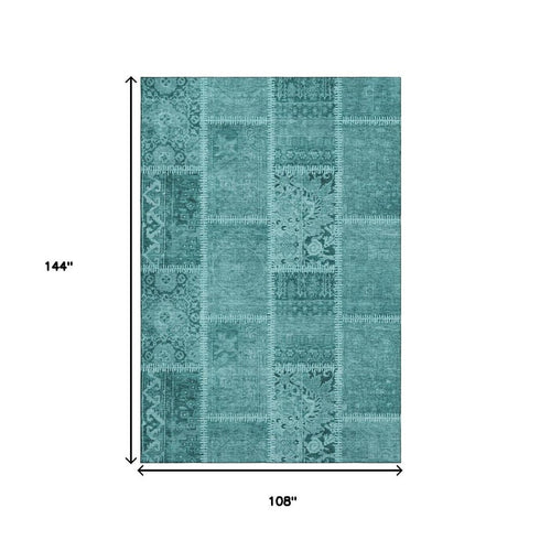 9' X 12' Turquoise And Aqua Patchwork Washable Area Rug With UV Protection