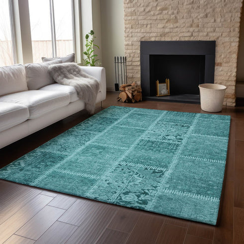 9' X 12' Turquoise And Aqua Patchwork Washable Area Rug With UV Protection