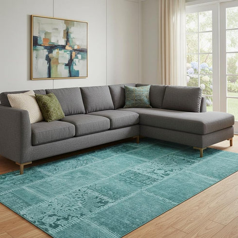 9' X 12' Turquoise And Aqua Patchwork Washable Area Rug With UV Protection