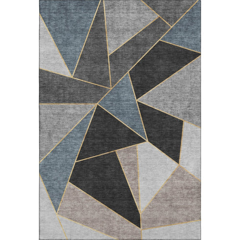 5' X 8' Blue Charcoal And Ivory Geometric Washable Area Rug With UV Protection