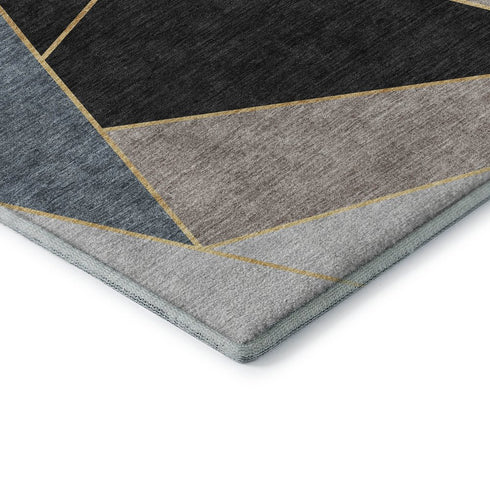 5' X 8' Blue Charcoal And Ivory Geometric Washable Area Rug With UV Protection