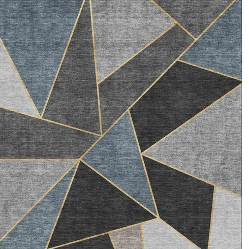 5' X 8' Blue Charcoal And Ivory Geometric Washable Area Rug With UV Protection