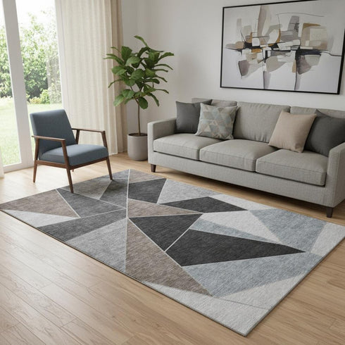 5' X 8' Chocolate Brown And Gray Geometric Washable Area Rug With UV Protection