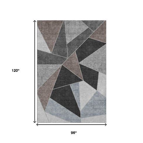 8' X 10' Chocolate Brown And Gray Geometric Washable Area Rug With UV Protection