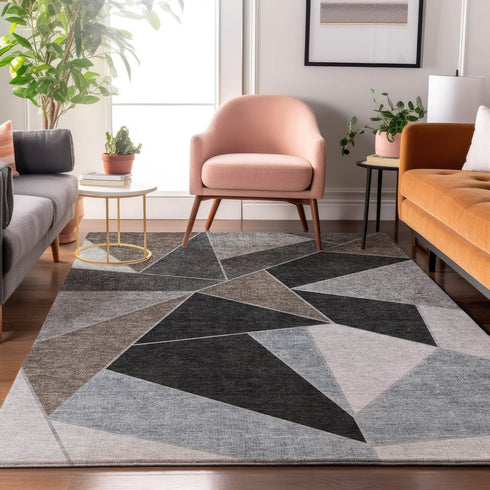 8' X 10' Chocolate Brown And Gray Geometric Washable Area Rug With UV Protection