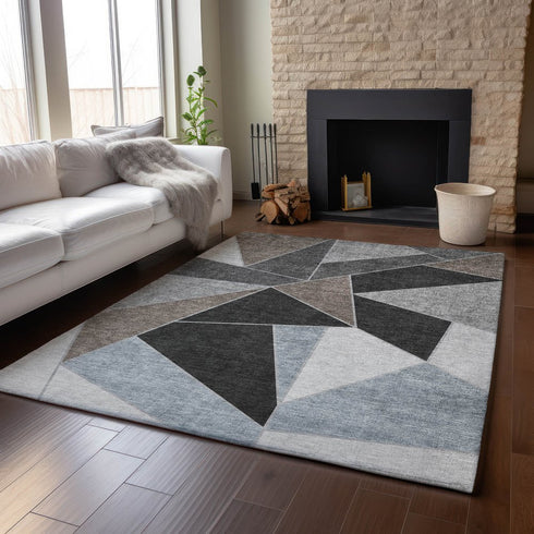 8' X 10' Chocolate Brown And Gray Geometric Washable Area Rug With UV Protection