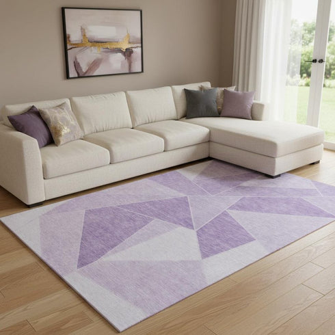 9' X 12' Lilac And Ivory Geometric Washable Area Rug With UV Protection