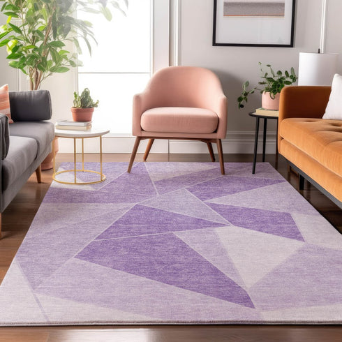 9' X 12' Lilac And Ivory Geometric Washable Area Rug With UV Protection