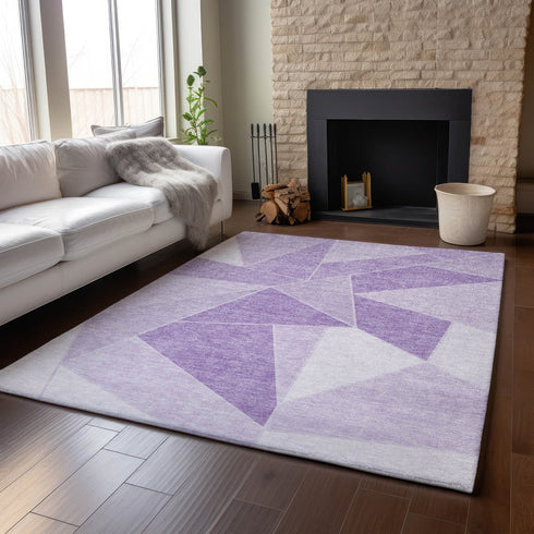 9' X 12' Lilac And Ivory Geometric Washable Area Rug With UV Protection