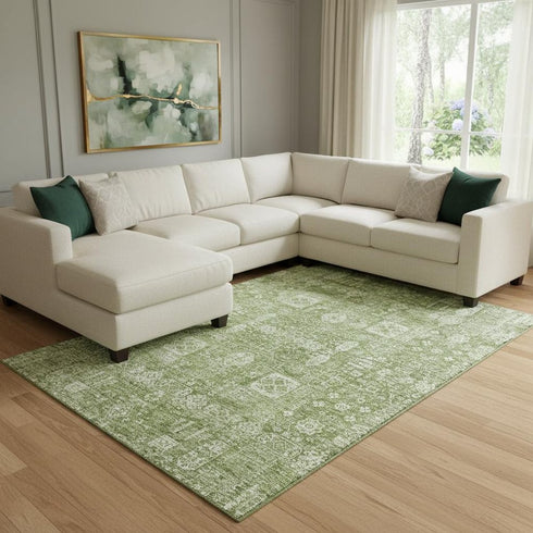 8' X 10' Artichoke Green And Ivory Floral Washable Area Rug With UV Protection