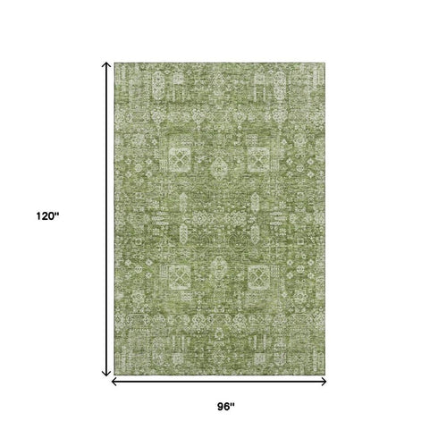 8' X 10' Artichoke Green And Ivory Floral Washable Area Rug With UV Protection