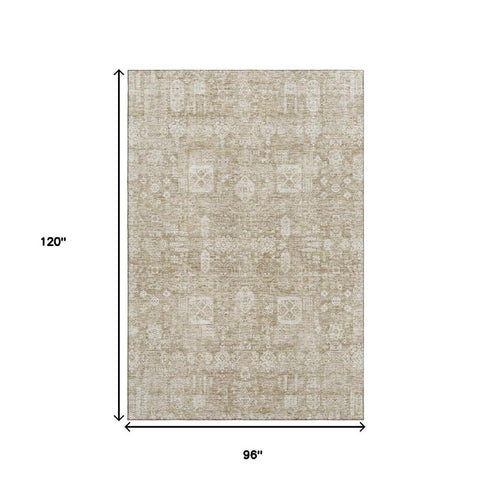 8' X 10' Beige And Ivory Floral Washable Area Rug With UV Protection