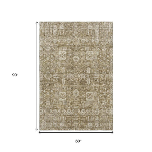5' X 8' Brown And Ivory Floral Washable Area Rug With UV Protection