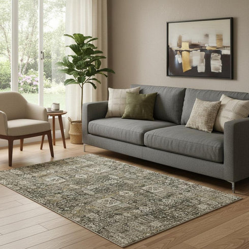 5' X 8' Coffee Ivory And Gold Floral Washable Area Rug With UV Protection