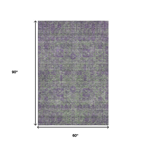 5' X 8' Fern Green And Purple Floral Washable Area Rug With UV Protection