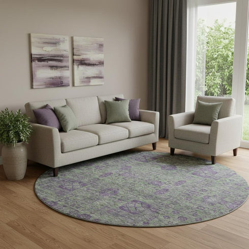 8' Fern Green And Purple Floral Washable Round Rug With UV Protection